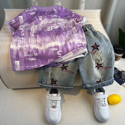 Hot Sale Fashion Baby Boy Suit Summer Clothes Short Sleeve T-shirt Short Jeans 2 Piece Set Kids Outfit Children's Costume