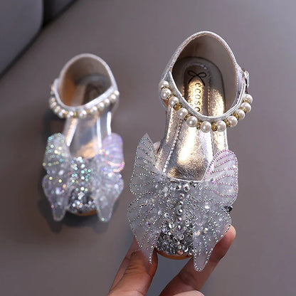 Girls Leather Shoes Children's Lace Butterfly Rhinestone Pearls Beading Performance Single Shoes Fashion Weeding Kids Shoes