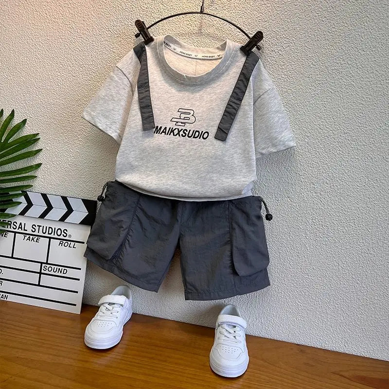New Boys Sleeveless Vest Denim Shorts 2PC Sets Outdoor Festival Clothing Vintage Print Kids Miracle Design 2-10 Years White Tops