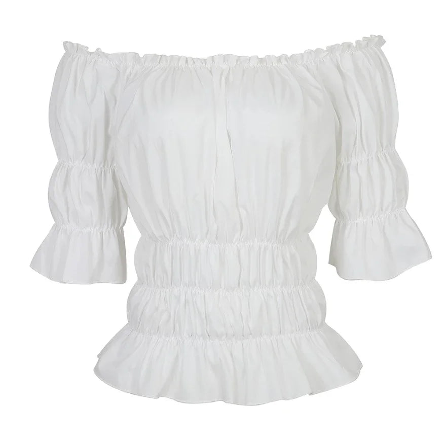 Women Renaissance Peasant Blouse Peplum Top Ruffle Sleeve Off-Shoulder Shirts 3/4 Sleeve Elastic Waist