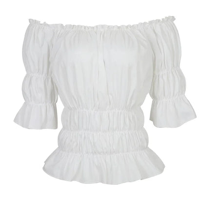 Women Renaissance Peasant Blouse Peplum Top Ruffle Sleeve Off-Shoulder Shirts 3/4 Sleeve Elastic Waist