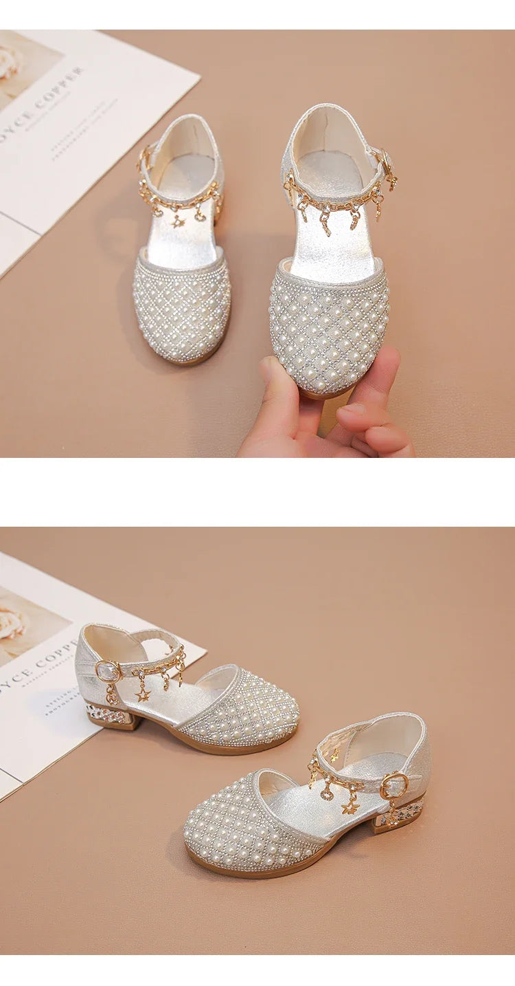 Girls High Heeled Shoes for Wedding Party Glitter Rhinestone Pendants Shiny Glitter Fashion Princess Kids Leather Dress Shoes
