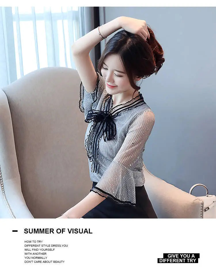 Chiffon Base Shirt with Mid Sleeves Versatile New Spring Sweet and Fashionable Korean Women's Top