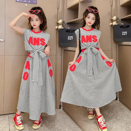 Girls Clothes Summer Kids Fashion Letter Vest + Skirt 2pcs Set Children Clothing Suit Teen Girl Plaid Bowknot Sleeveless Outfits
