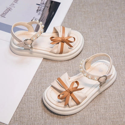 Girls Sweet Princess Sandals Soft Bottom Children Summer Beach Shoes Non-Slip Soft Sole Kids Flats Beading Sandals with Bow-knot