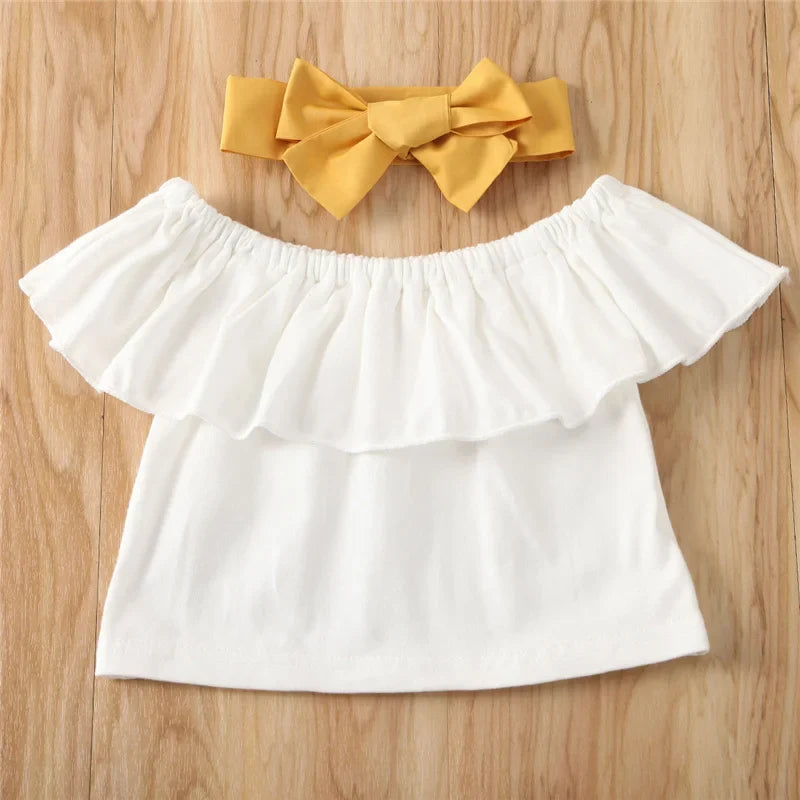 Toddler Kid Baby Girl Clothes Sets Children Outfits Summer Ruffle Off Shoulder Tops Skirts Holiday Clothing (Available)