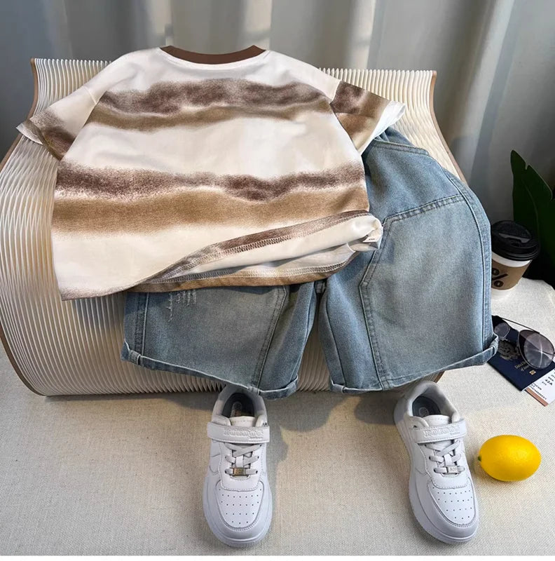Hot Sale Fashion Baby Boy Suit Summer Clothes Short Sleeve T-shirt Short Jeans 2 Piece Set Kids Outfit Children's Costume