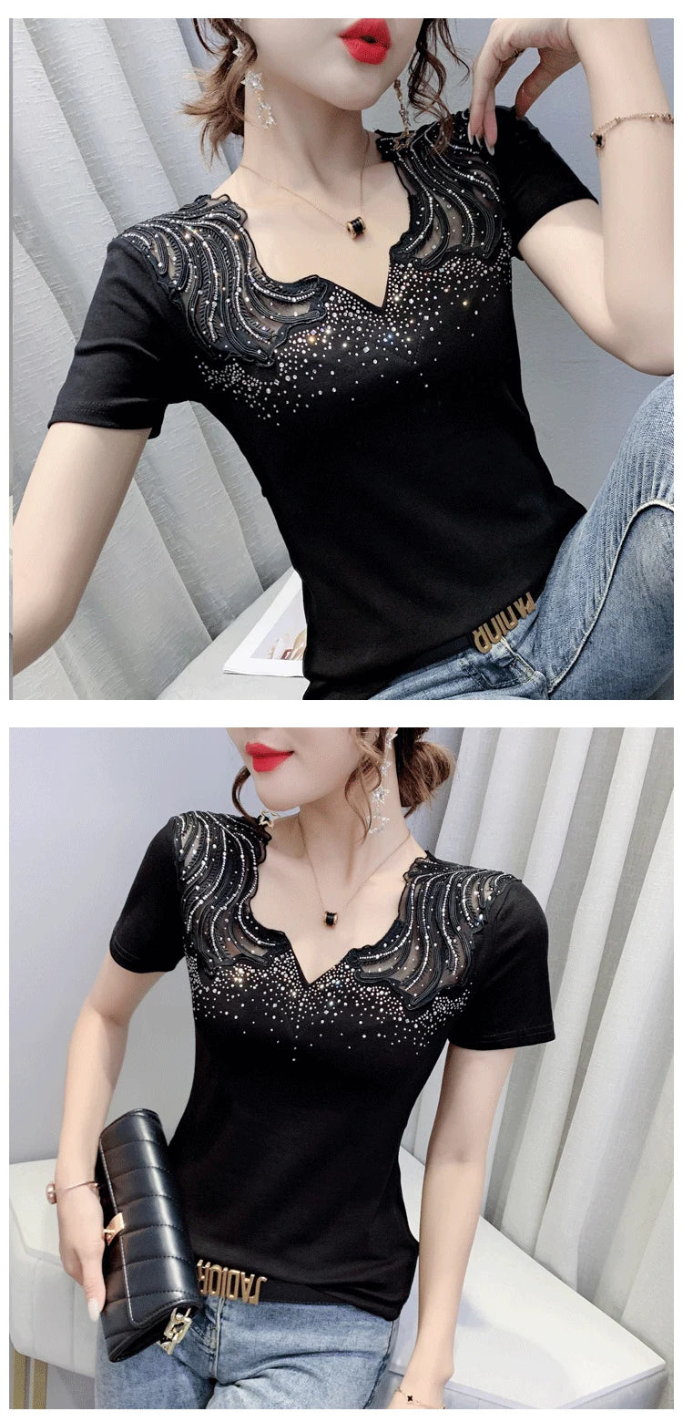 Sexy Hollow out V-Ne Rhinestone ort Sve T-irt Women Summer New Lace Me Top Trendy Anti-Aging Versatile Small irt