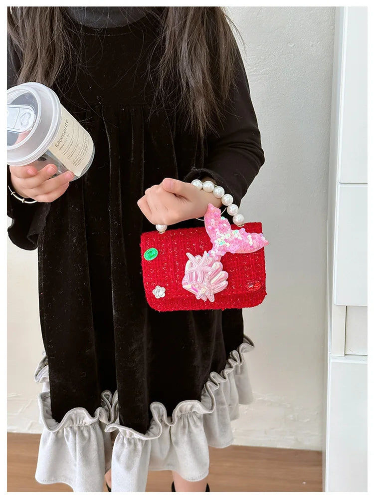 Sweet Bow Children's Small Square Shoulder Bag Sequin Lace Princess Girls Crossbody Bags Pearl Handle Coin Purse Handbags Gifts
