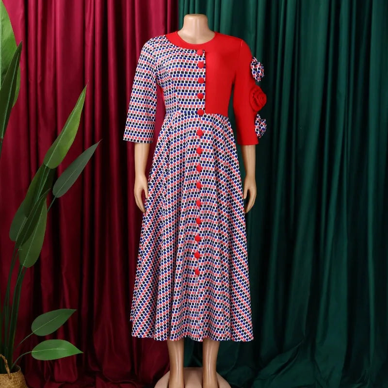 Elegant Dresses for Women O Neck Half Sleeve High Waisted Pleated Mid Calf Fashion Printed Luxury Birthday Party Dinner Dress