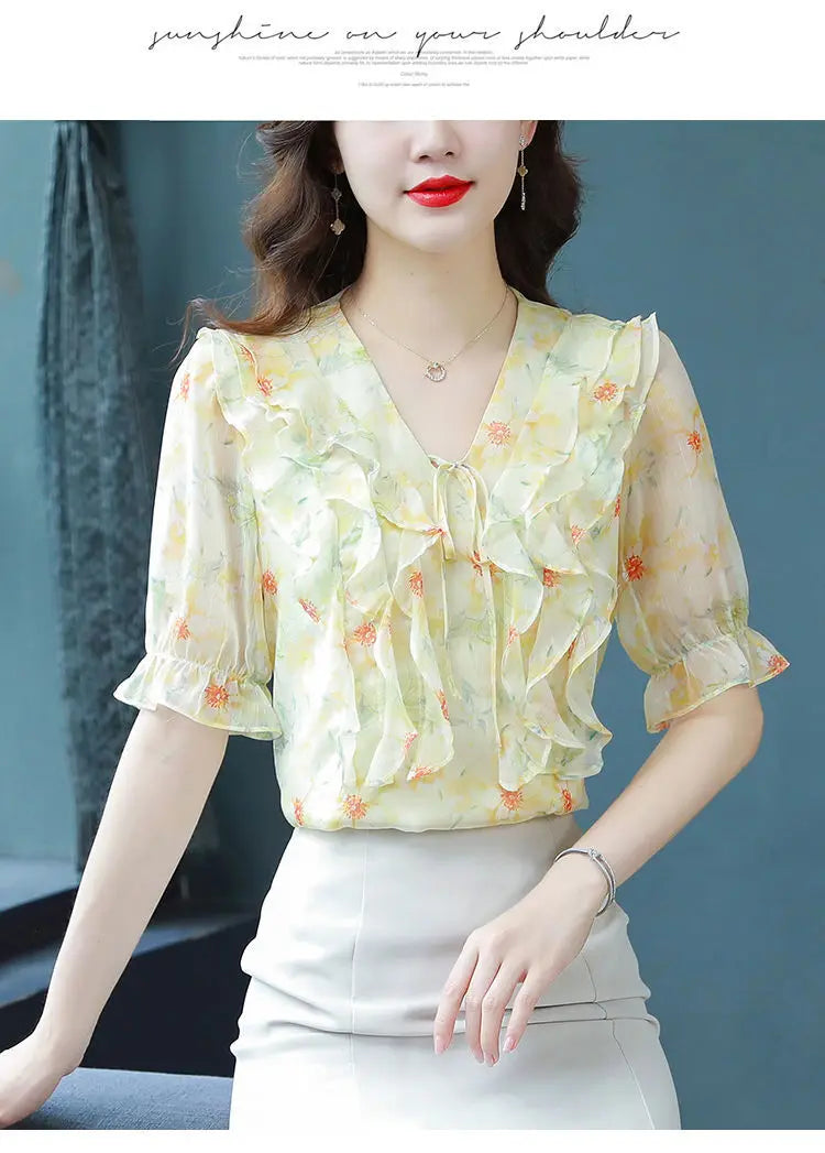 Fashion Printed Spliced Lace Up Bow Ruffles Floral Blouse Women's Clothing Summer New Casual Pullovers Loose Sweet Shirt