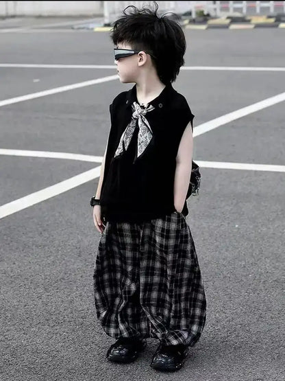 Summer Baby Boys 2Pcs Sleeveless Lapel T-shirt Top+ Thin Grid Pants Suit Children Outfit Fashion Casual Sets Handsome Clothes
