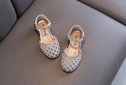 Children Spring Summer Korean Version Dance Shoes Girls Pearl Show Shoes Girl Rhinestone Princess Lace Leather Shoes Solid Color