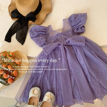 New Girls Party Dress Summer Elegant Princess Dress Purple Mesh Dress 1-9 Years Kids Bow Birthday Party Clothes