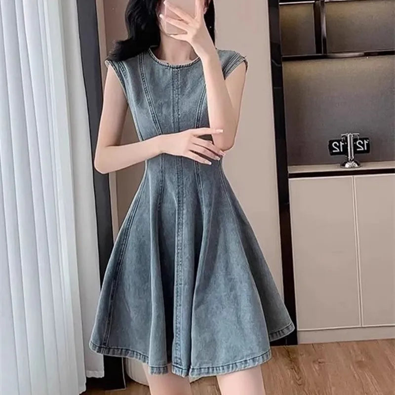 Summer New Retro Blue Denim Dr Slimming High Waist round Ne Svel A-Line Skirt Korean Sle Women's Faion Dr