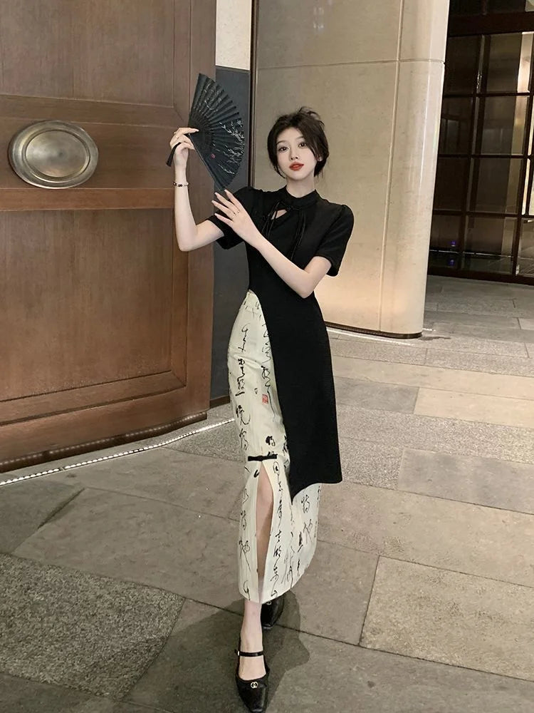 New Chinese Style High Grade Irregular Calligraphy Half Body Dress Fashion Qipao Two Piece Set Skirt Women's Summer Hanfu Suit