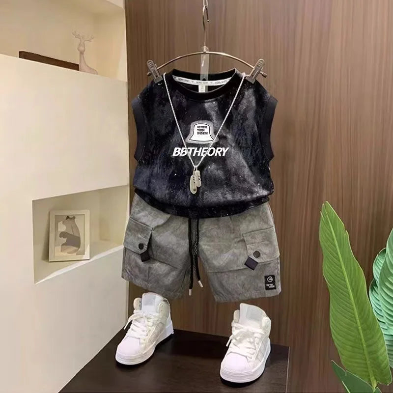 Children Boutique Summer Outfits 2025 New Boys Sleeveless Hat Letter T-Shirt And Pocket Shorts 2pcs Fashion Set Kid Sport Suit