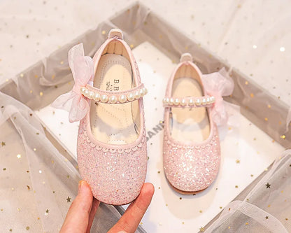 Girls Oxfords Bling Shoes Spring Autumn Kids School Dancing Shoes Pearl Beadings Big Girls Soft PU Leather Shoes Pink, Beige