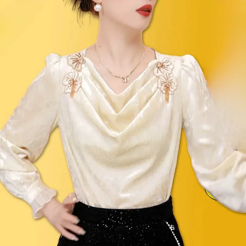 Faionable Floral Patchwork Long Sve irt Women's Winter Luxury Sle Ele Top French Sle Loose Fit Polyester Fiber