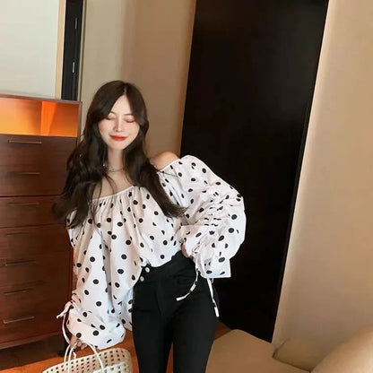 JOEVILU Polka Dot Shirt Off Shoulder Bubble Sleeve Tops Women's White Loose Simple Top French Casual Blouse In Spring and Summer
