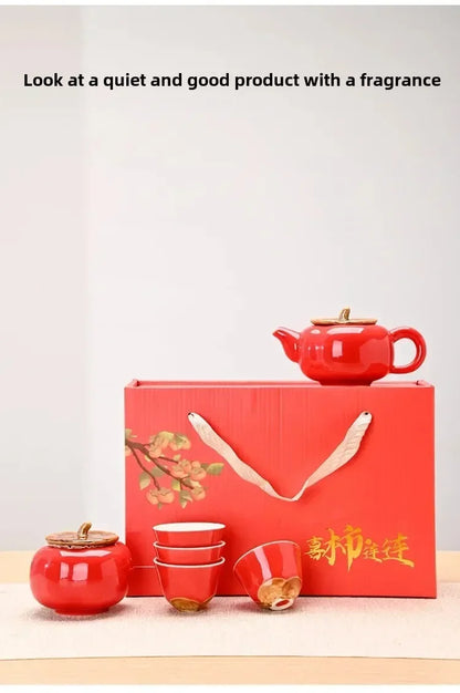 Auspicious Red Ceramic Tea Set Gift Box - Chinese New Year Wedding Corporate Gifts, Good Fortune Design Teapot & Cups