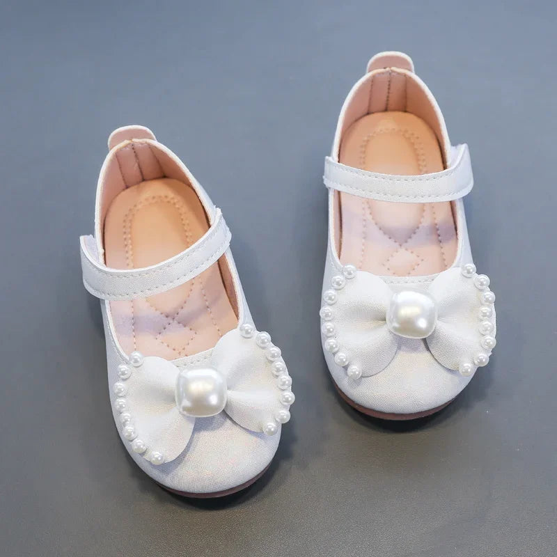 Girl's Leather Shoes Casual Simple Bowtie with Pearls 2024 New Flat Shoes Soft Sole Baby Kids Dress Shoes Children Party Flats