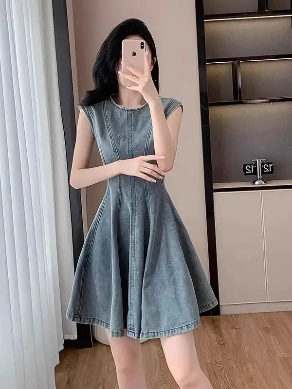 Summer New Retro Blue Denim Dr Slimming High Waist round Ne Svel A-Line Skirt Korean Sle Women's Faion Dr