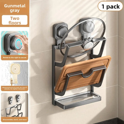 2Layers/3Layers Suction Cup Pot Lid Rack Cookware Storage Carbon Steel Pot Lids Holder Shelf Wall Mounted Space Saving