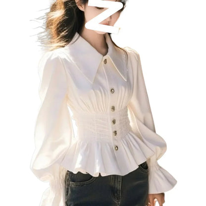 French Slim-fit Waistline Shirt 2025 Spring Summer Women Elegant Blouse Femae Longsleeve Shirt Office Lady White Base Shirt
