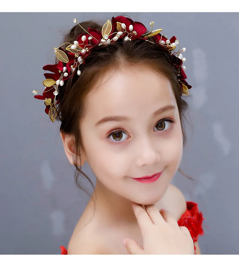 Red Ancient Chinese Style Headband Floral Hairpiece for Girls Princess Hanfu Accessories Traditional Festival Celebration Gift