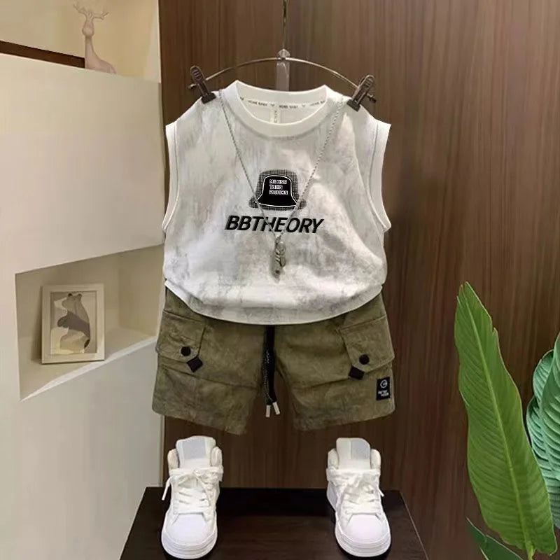 Children Boutique Summer Outfits 2025 New Boys Sleeveless Hat Letter T-Shirt And Pocket Shorts 2pcs Fashion Set Kid Sport Suit