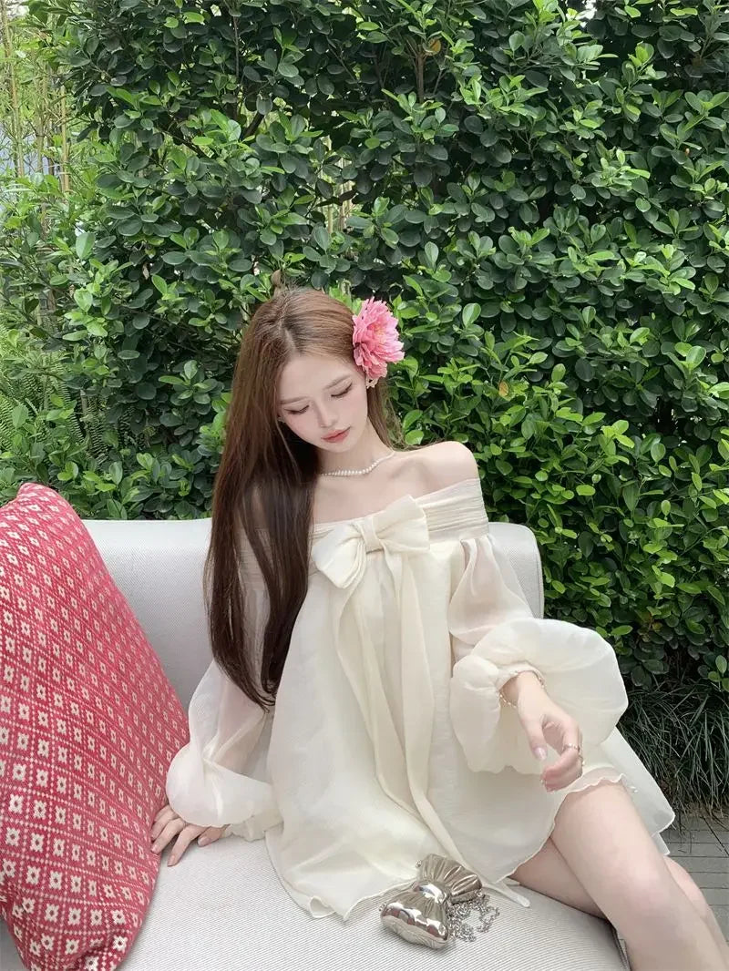 Bow Slash Neck Vestidos Off Shoulder Dress Sexy Sweet Vestido Fairy Mini Loose Dresses Spring 2026 New Long Sleeve Ropa Mujer