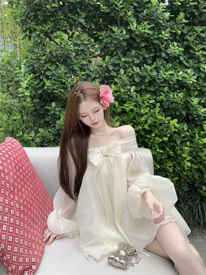 Bow Slash Neck Vestidos Off Shoulder Dress Sexy Sweet Vestido Fairy Mini Loose Dresses Spring 2026 New Long Sleeve Ropa Mujer