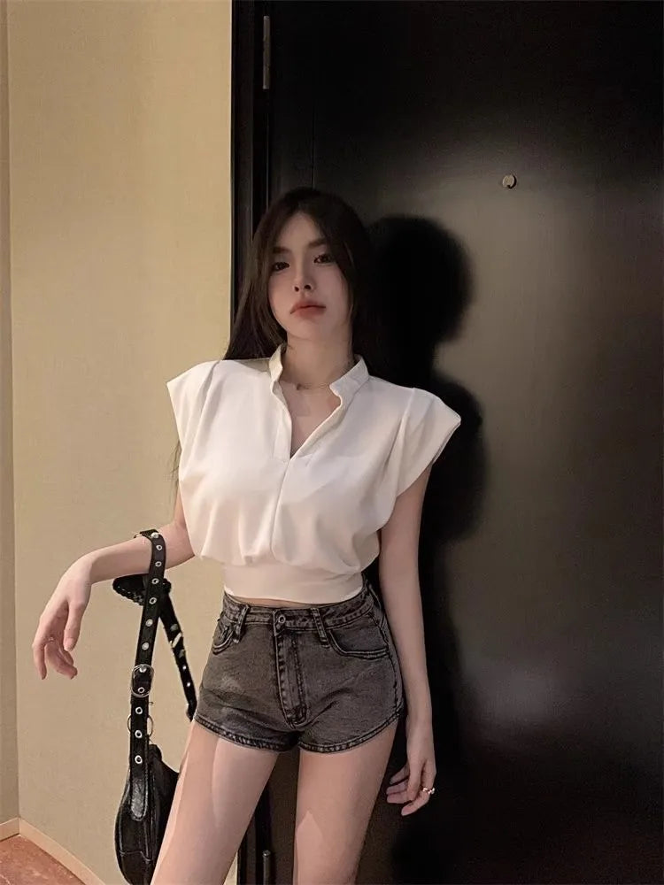 White V-Ne Slim Fit ort Sve T-irt Women's Summer New Sle Small Size Loose Faion Top Korean Sle Commute Wind
