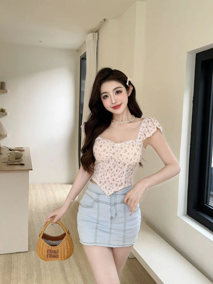 Summer New Pure Desire Sweet Floral Print off oulder Crop Top Slimming  with Chest Pad Versatile Women's Vest