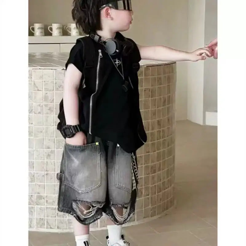 Boy Handsome Korean Version Sleeveless Vest + Retro Ripped Denim Shorts Two-piece Set Children's Casual Loose Set