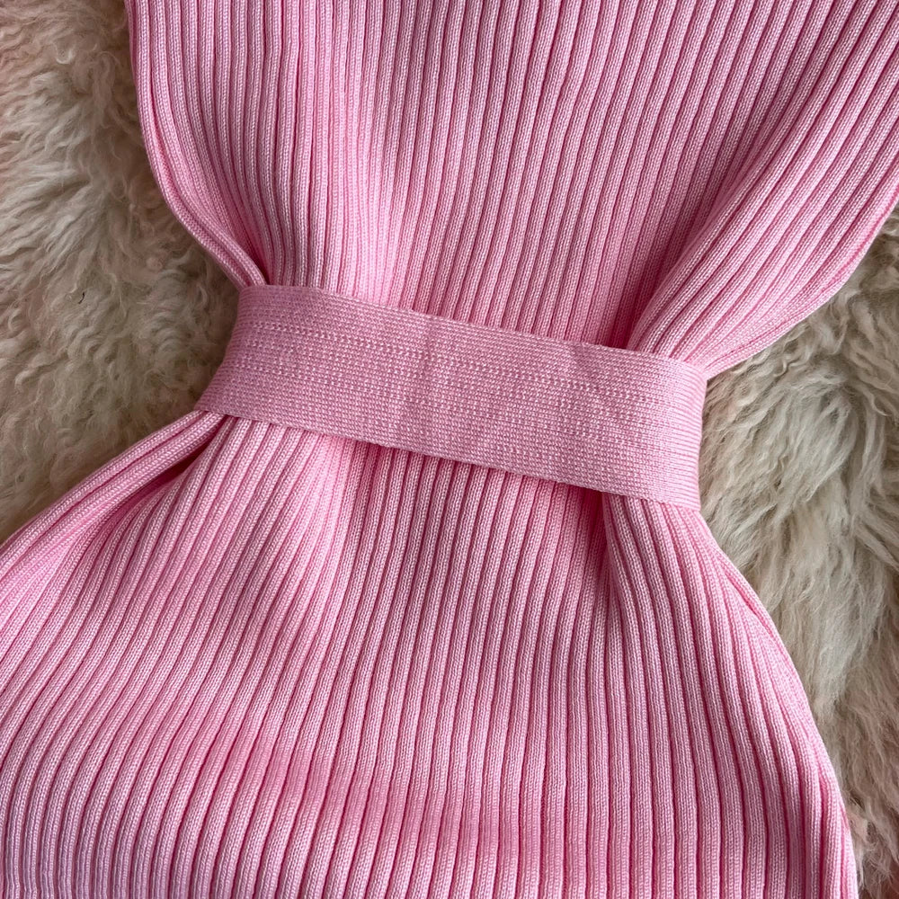 Women Dress 2025 Autumn Winter Elegant Rib Knit Long Pencil Dress with Belt Office Lady Bodycon Sweater Dress Vestidos