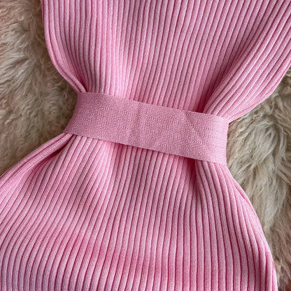 Women Dress 2025 Autumn Winter Elegant Rib Knit Long Pencil Dress with Belt Office Lady Bodycon Sweater Dress Vestidos