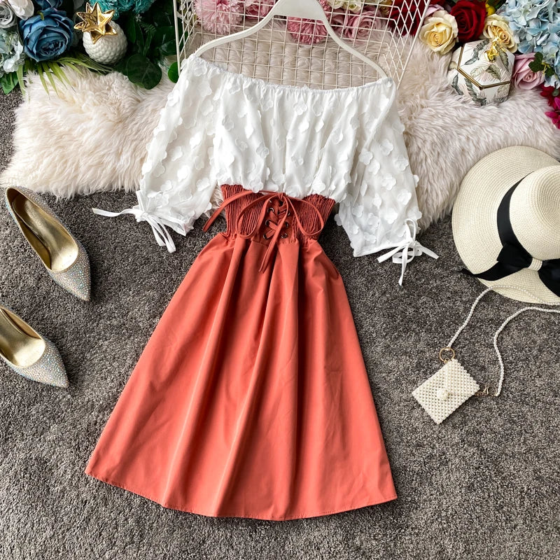 Summer Women's Dress Sexy Off Shoulder Patchwork Party Flower Chiffon Waist Lace Up Beach Short Dresses