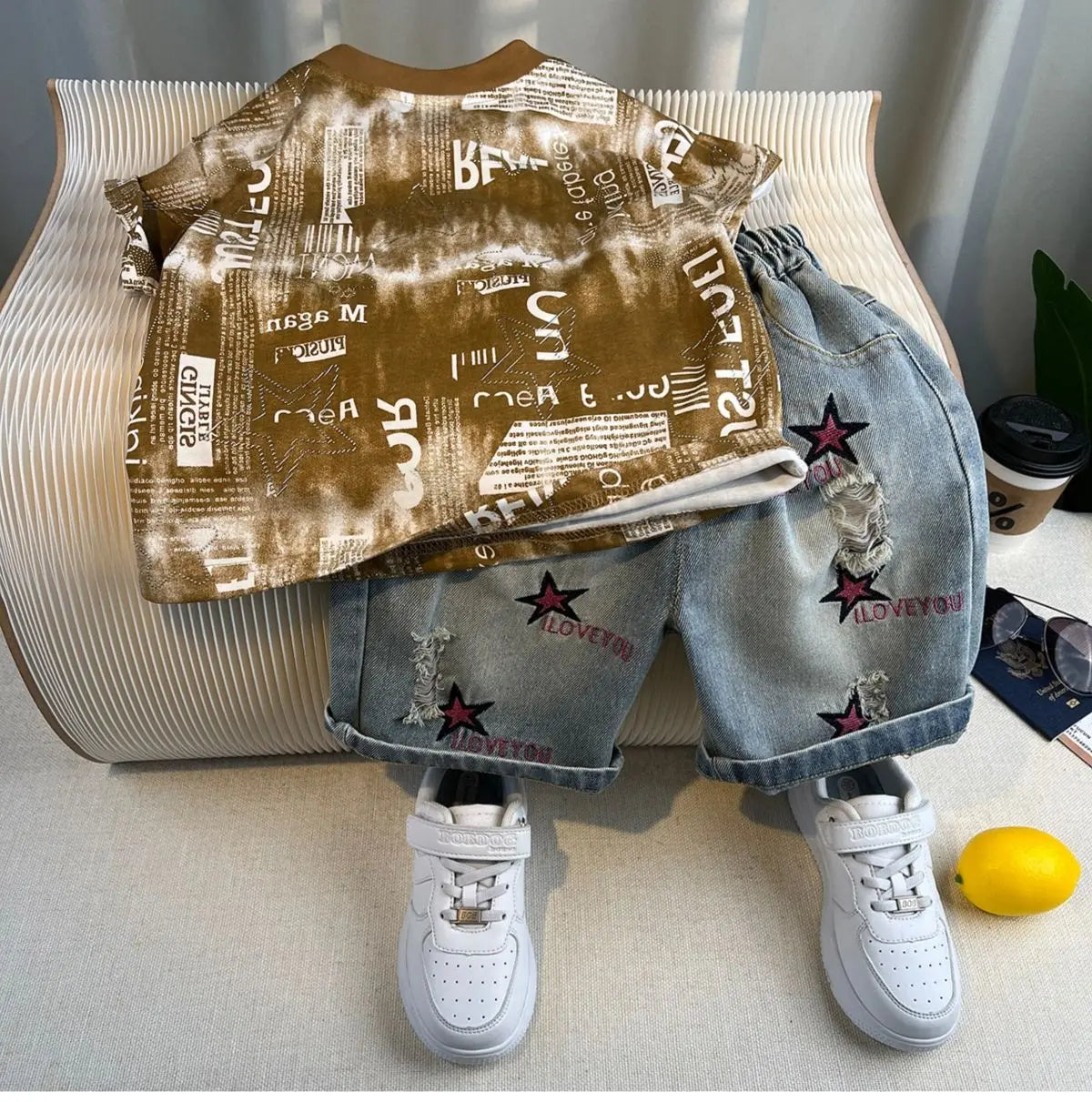 New Boys Fashion Summer Cotton Letter Printing T-shirts+Graffiti Denim Shorts 2pcs Set Kids Korean Outfits Sets Children Clothes