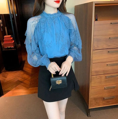 Chiffon Women's Shirt and Blouse Lace Flowers Luxury Designer Youthful Woman Clothes Vintage Clothing Female Tops Trend 2025 New