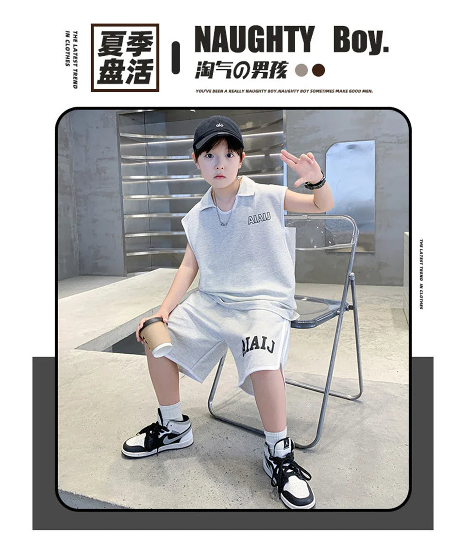Boys Clothing Set American Style Children Vintage Vest Casual Sport Loose Pullover Sleeveless T-shirt Top Shorts Two-piece Set