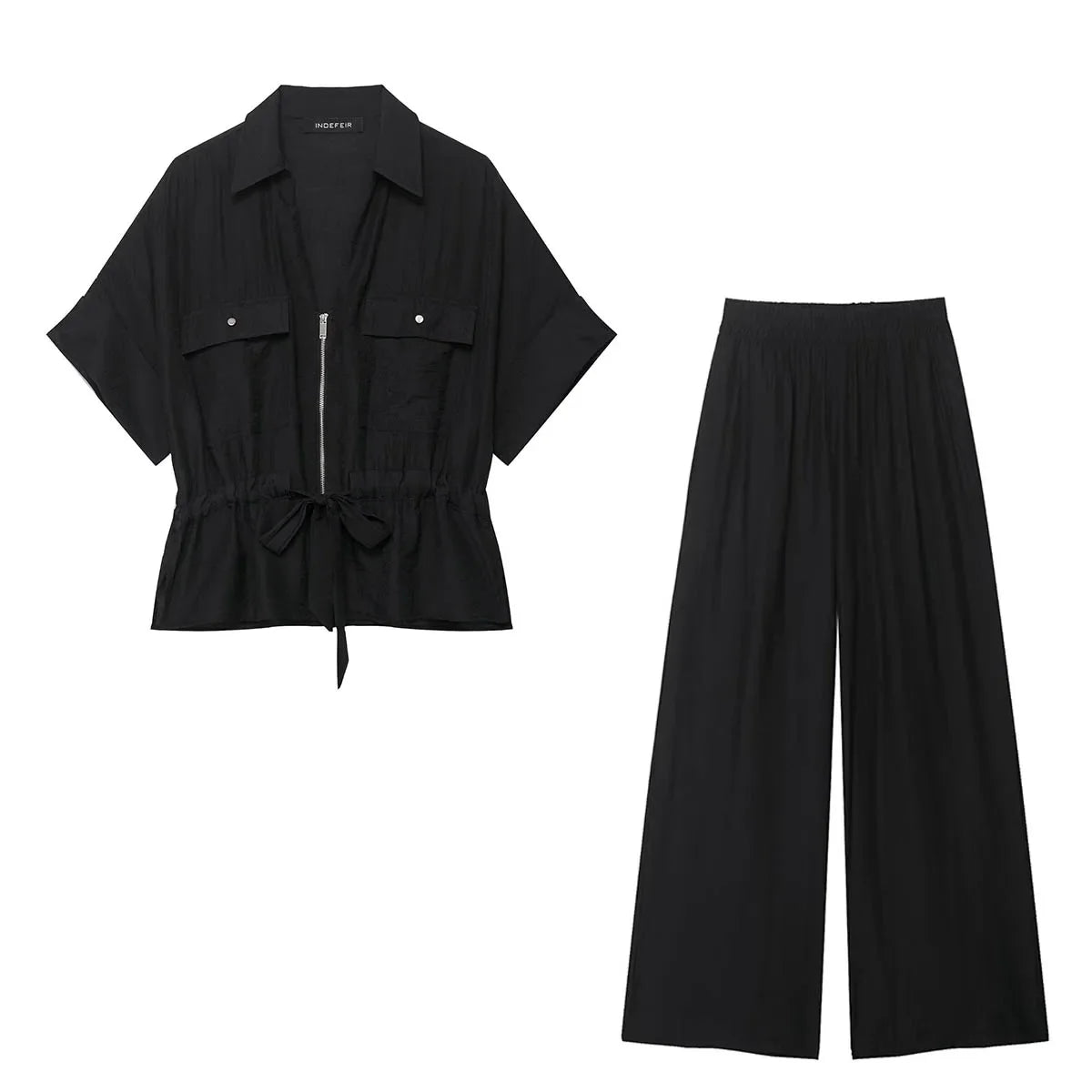 HH Women Pants Suit Solid Short Sleeve Zipper Pocket Drawstring Design Shirt Top+Elastic Waist Loose Casual Wide-leg Pants