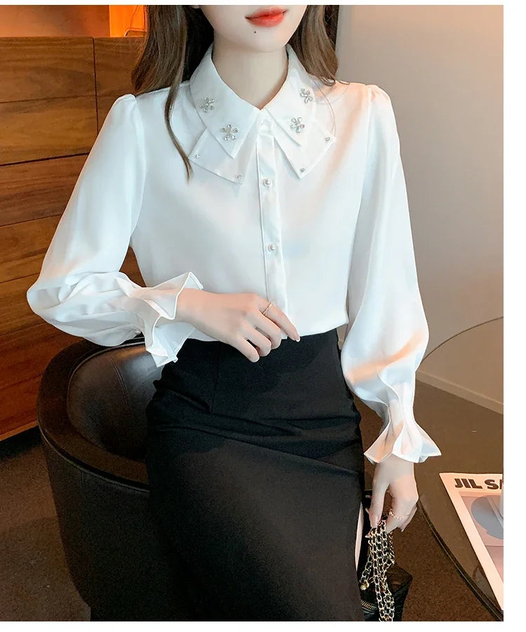 Elegant Long Sleeve Chiffon Shirts Women Autumn Winter Fashion White Blusa Feminina Korean Style Office Ladies Tops Blouses