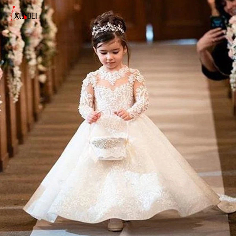 A Line Girl Lace Appliques Princess Wedding Party Flower Girls Dresses Vintage Gown With Bow Kids First Communion Ball Gown