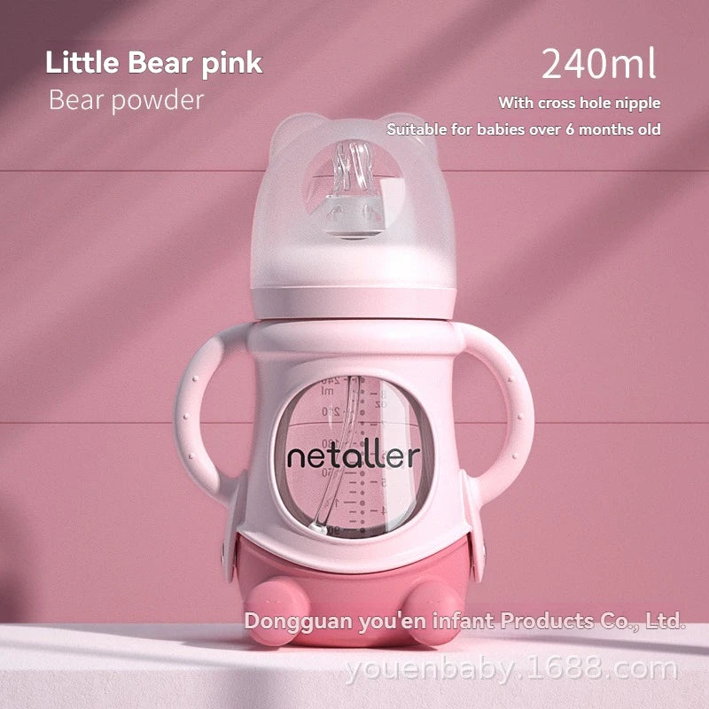 Wide Neck Glass Baby Bottle with Silicone Sleeve & Anti-Colic Straw Nipple – BPA-Free Newborn Feeding Set for Weaning Transition