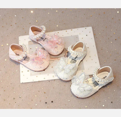 Girls Dress Shoes for Wedding Party Bling Sequins with Rhinestone Butterfly Sweet Princess Chic Kids Flat Shoes Lace Beaded
