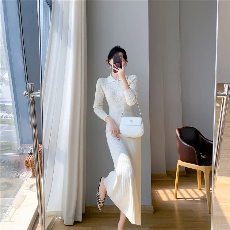 Sweater Dress Women New  Autumn Winter Purple White Or Black High Waist A Line Dress Elegant Long Knitted Dress (Available)