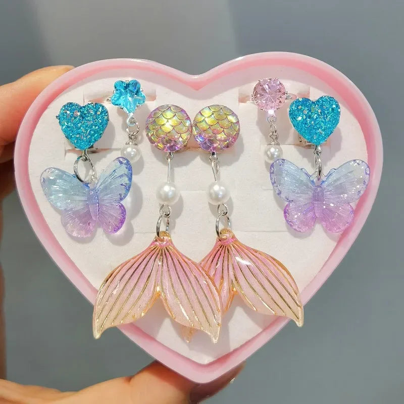 3pair Cute Children Ear Clip Earrings for Girl Without Ear Holes Sweet Mermaid Baby Ear Clip Set