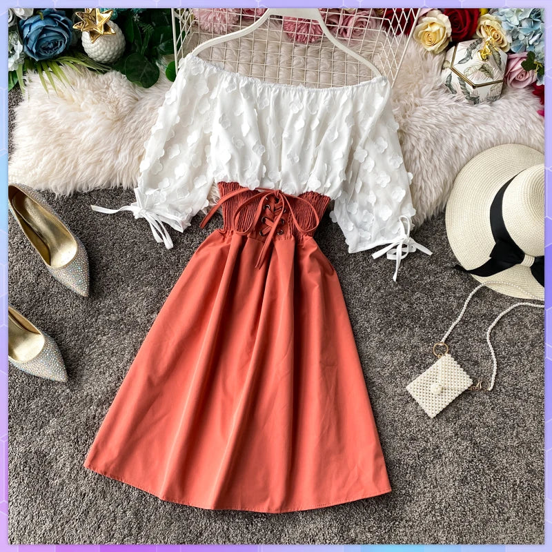 Summer Women's Dress Sexy Off Shoulder Patchwork Party Flower Chiffon Waist Lace Up Beach Short Dresses